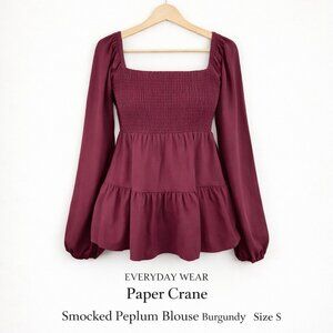 Paper Crane Smocked Peplum Blouse Burgundy Balloon Sleeve Size S